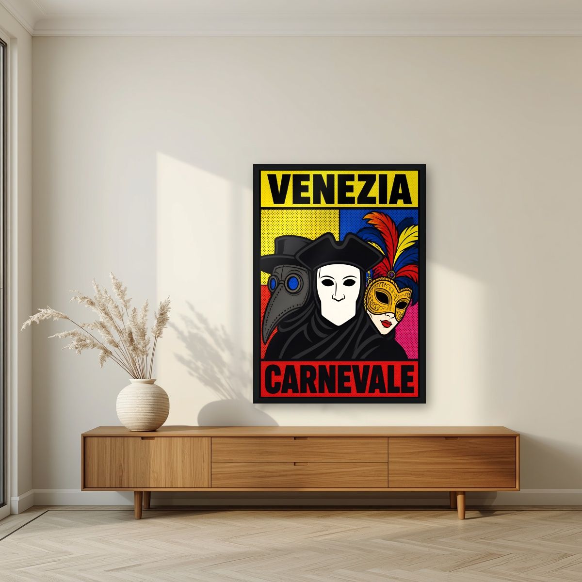 Carnevale — Venice art print, in a black frame, styled in a living room