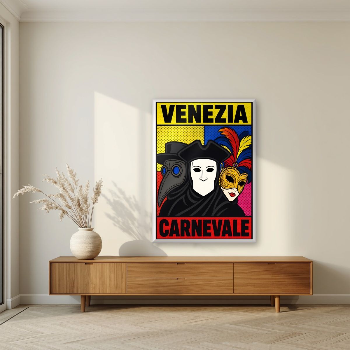 Carnevale — Venice art print, in a white frame, styled in a living room