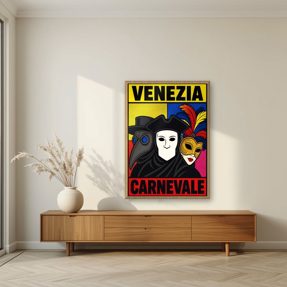 Carnevale — Venice art print, in an oak frame, styled in a living room
