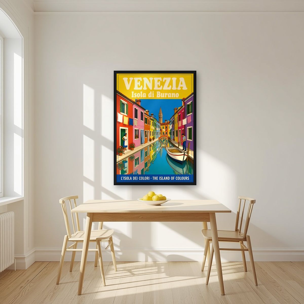 Isola Di Burano — Venice art print, in a black frame, styled in a kitchen