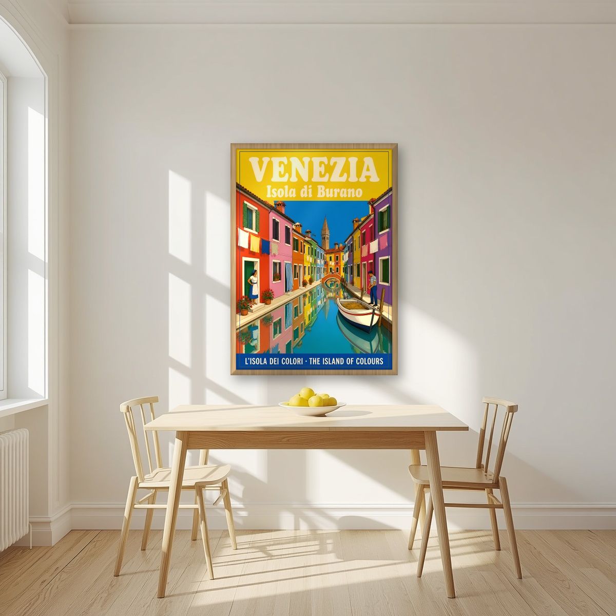 Isola Di Burano — Venice art print, in an oak frame, styled in a kitchen