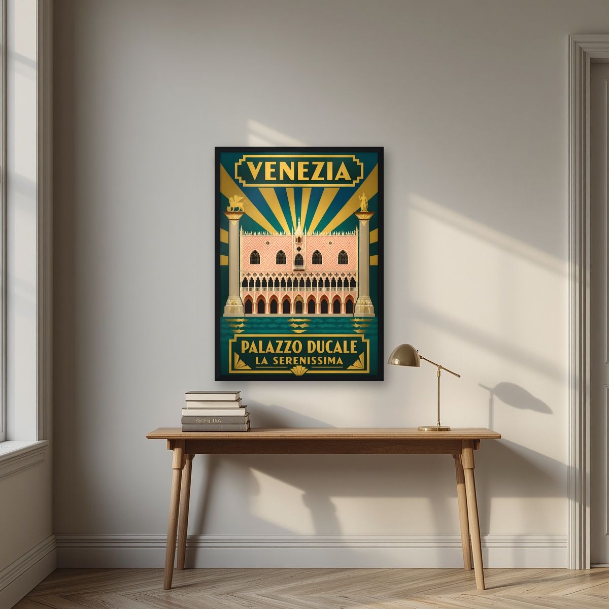 Palazzo Ducale — Venice art print, in a black frame, styled in a desk