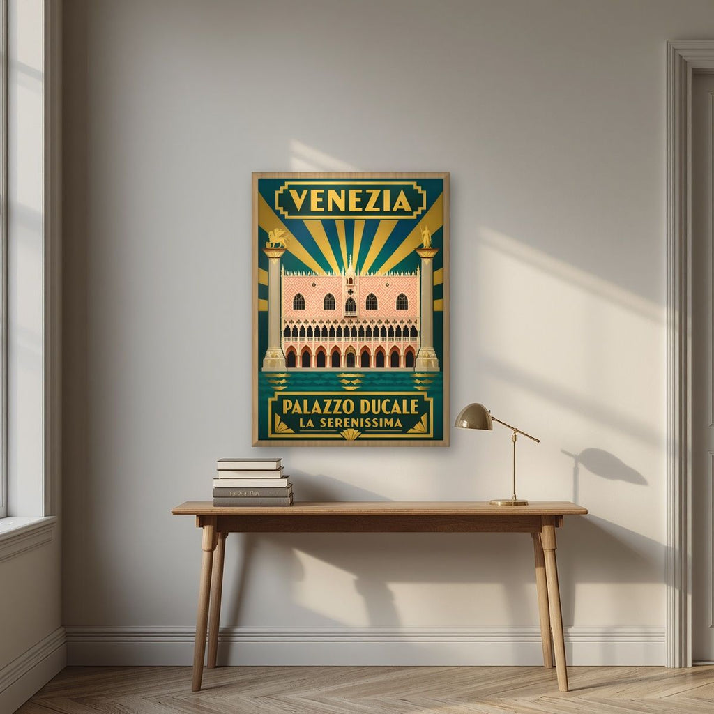 Palazzo Ducale — Venice art print, in an oak frame, styled in a desk