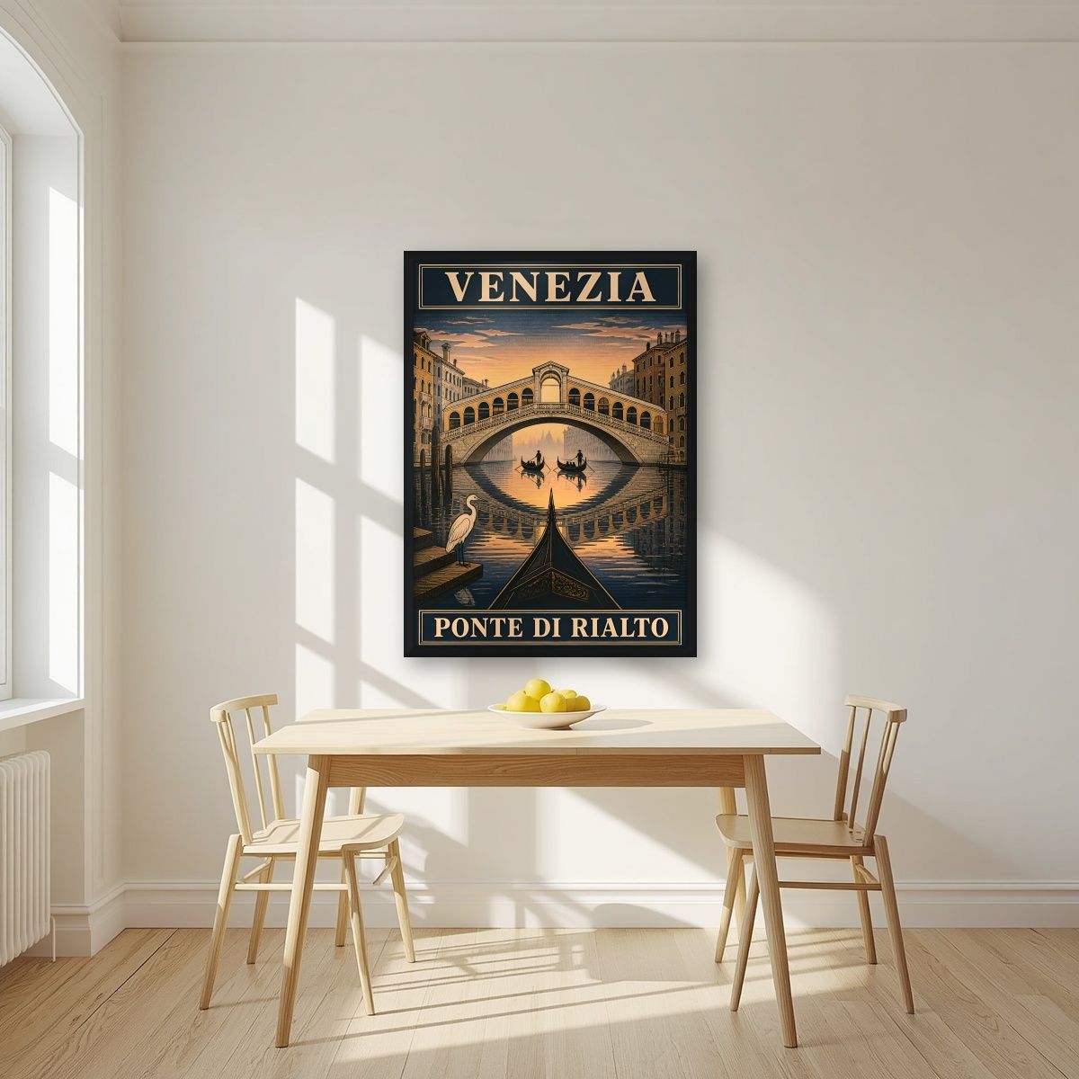 Ponte Di Rialto — Venice art print, in a black frame, styled in a kitchen