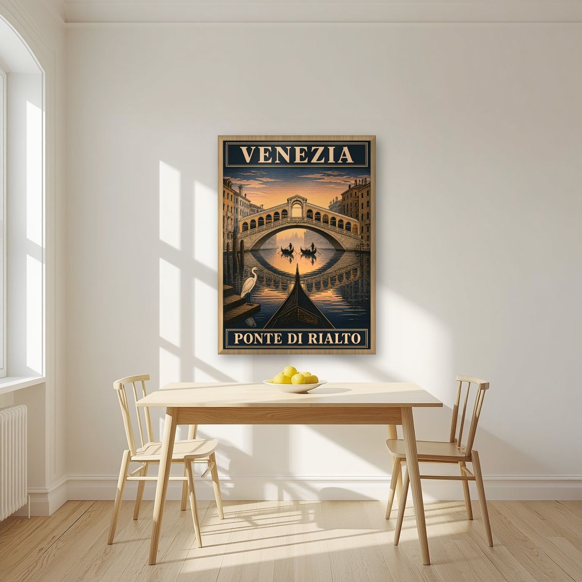 Ponte Di Rialto — Venice art print, in an oak frame, styled in a kitchen