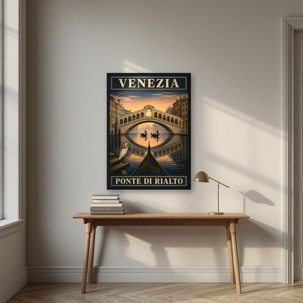 Ponte Di Rialto — Venice art print, in a black frame, styled in a desk