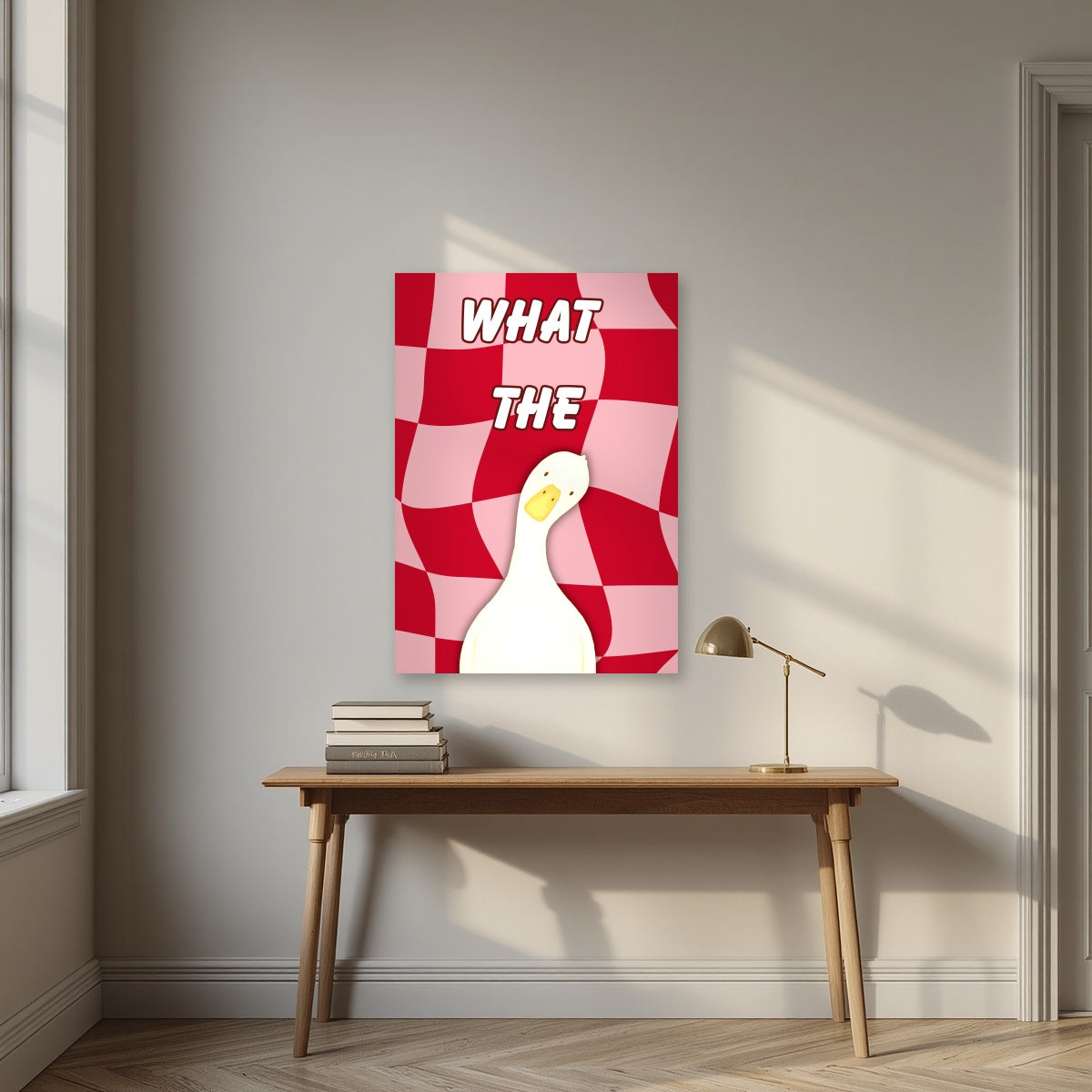 What The Duck – Cherry Check art print, unframed poster, styled above a desk