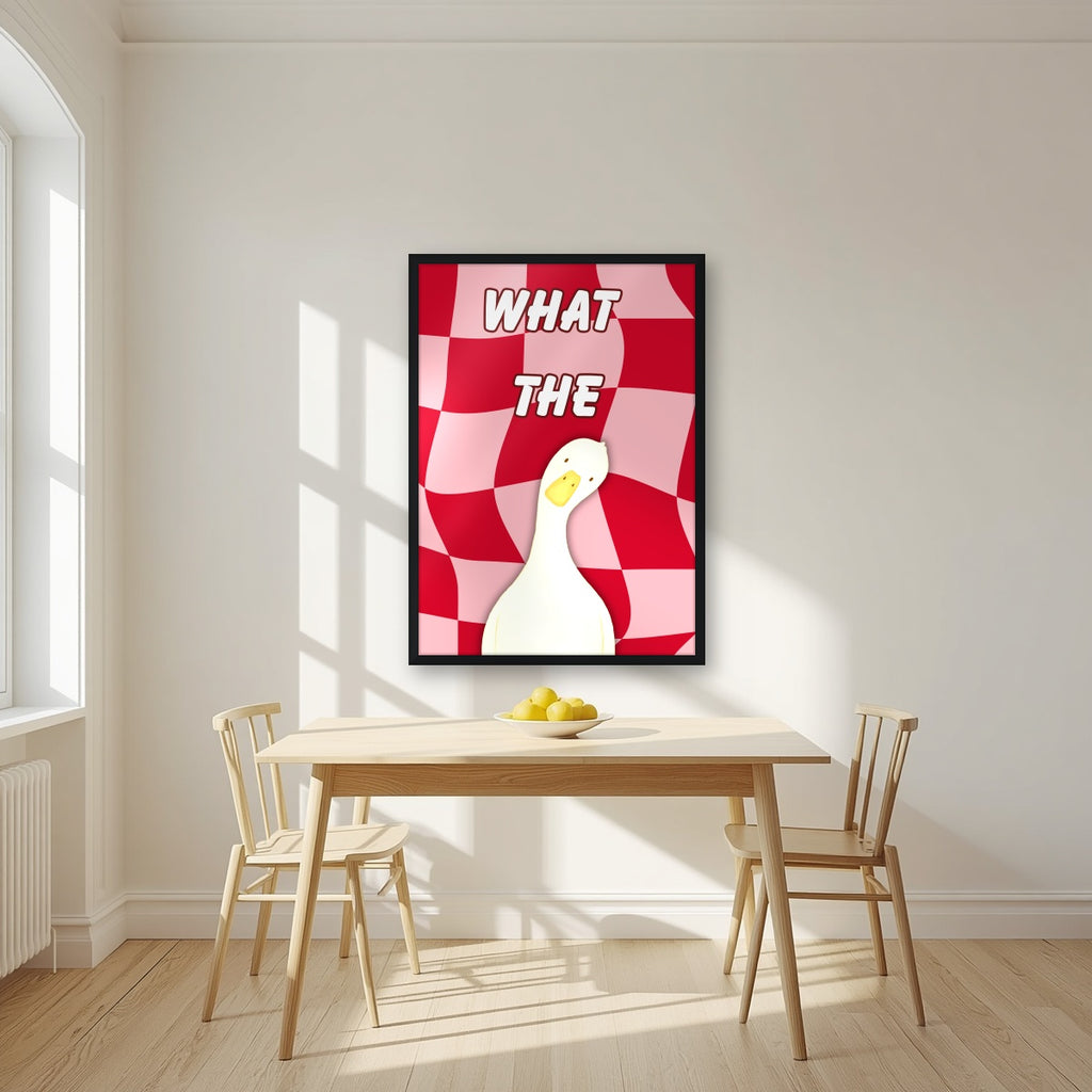 What The Duck – Cherry Check art print in a black frame, styled in a kitchen