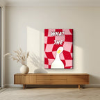 What The Duck – Cherry Check art print on slim canvas, styled in a living room