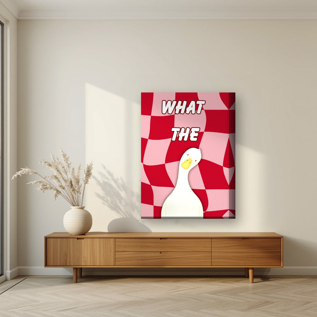 What The Duck – Cherry Check art print on thick canvas, styled in a living room