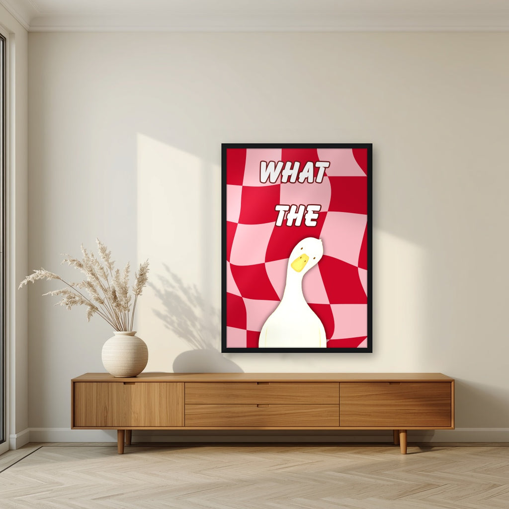 What The Duck – Cherry Check art print in a black frame, styled in a living room