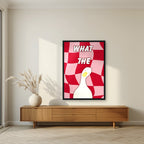 What The Duck – Cherry Check art print in a black frame, styled in a living room
