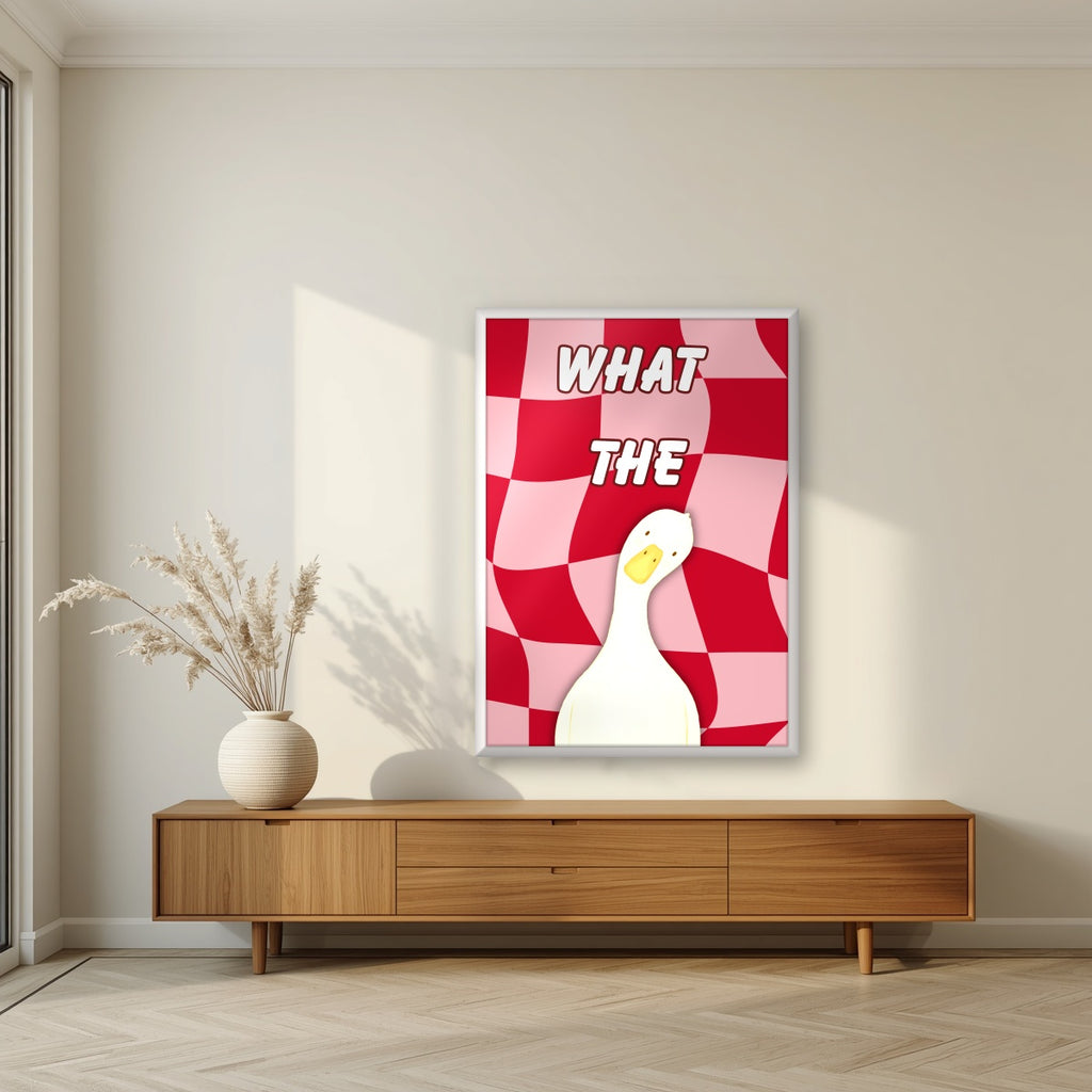What The Duck – Cherry Check art print in a white frame, styled in a living room