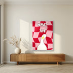 What The Duck – Cherry Check art print in a white frame, styled in a living room