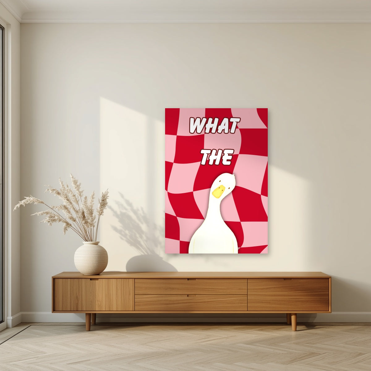 What The Duck – Cherry Check art print, unframed poster, styled in a living room