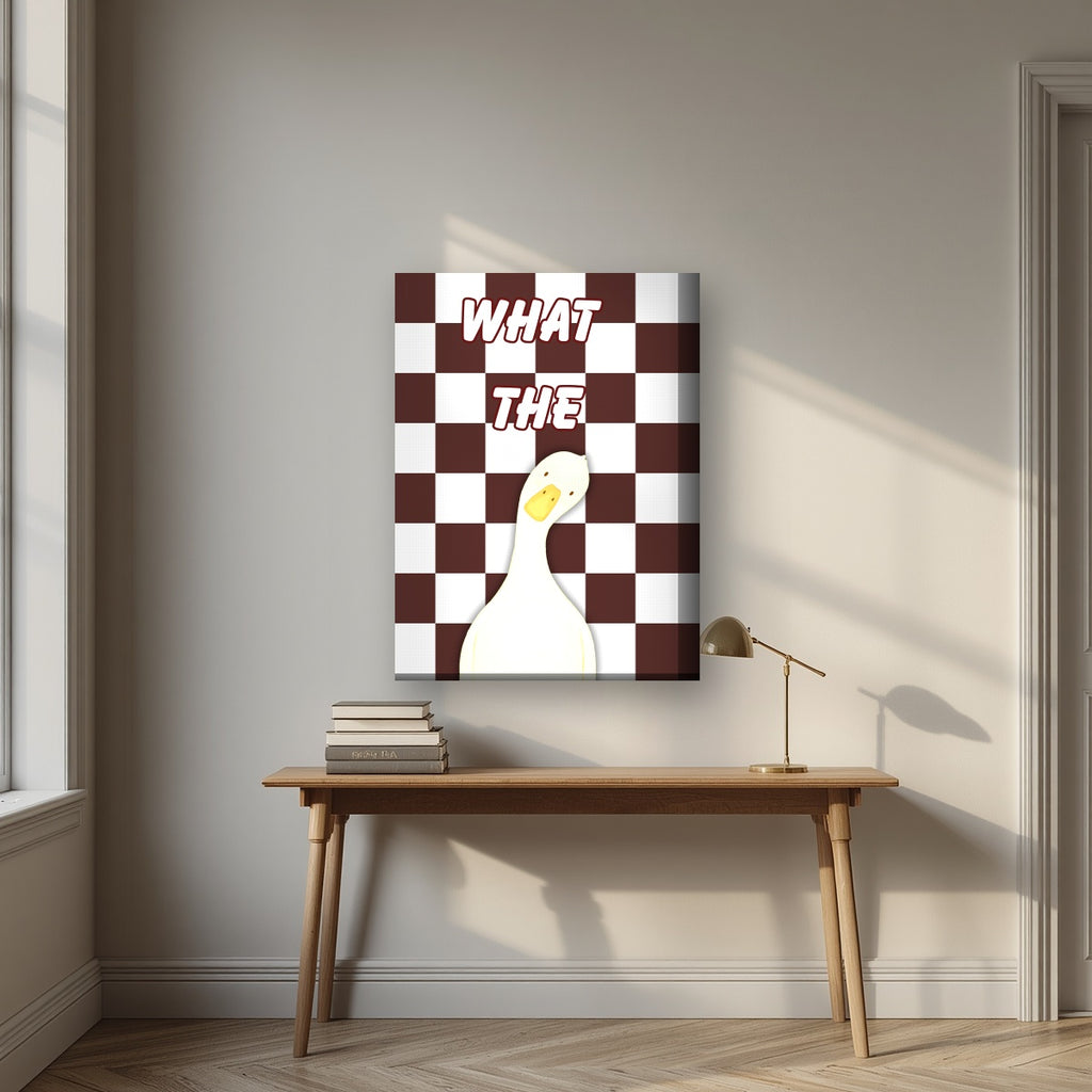 What The Duck – Cocoa Check art print on thick canvas, styled above a desk