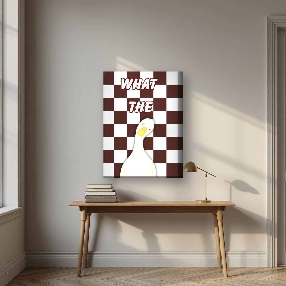 What The Duck – Cocoa Check art print on thick canvas, styled above a desk