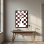 What The Duck – Cocoa Check art print in a black frame, styled above a desk