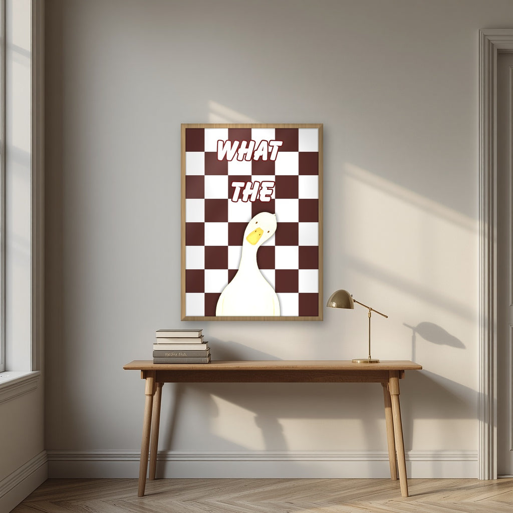 What The Duck – Cocoa Check art print in an oak frame, styled above a desk