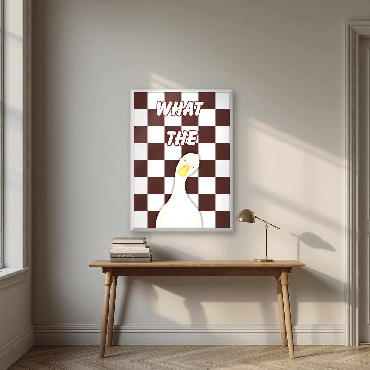 What The Duck – Cocoa Check art print in a white frame, styled above a desk