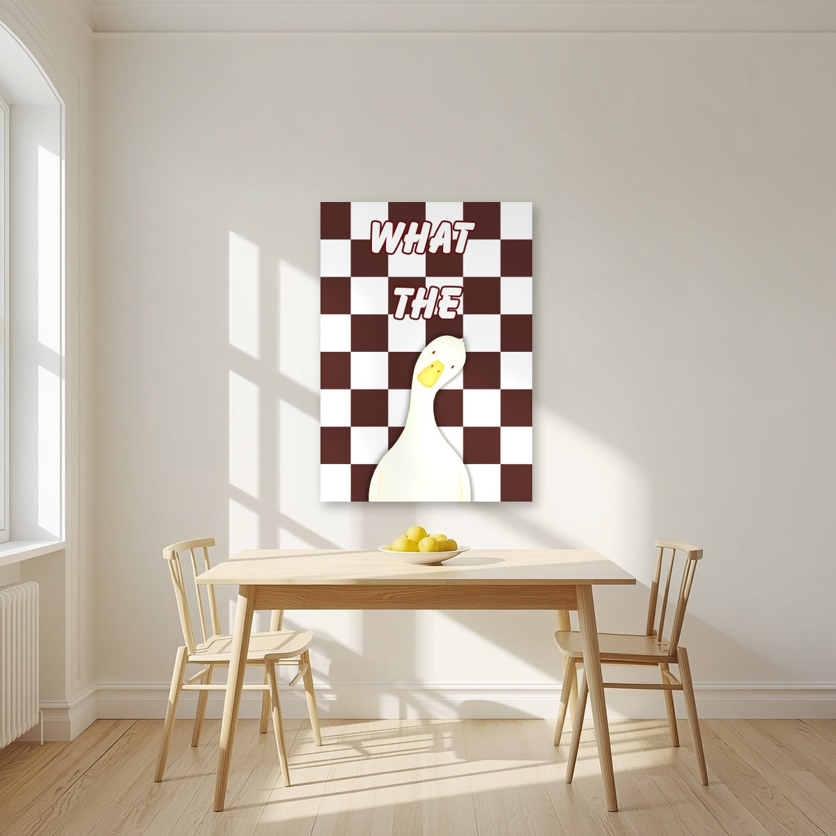 What The Duck – Cocoa Check art print, unframed poster, styled in a kitchen