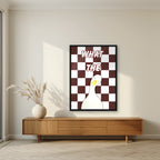 What The Duck – Cocoa Check art print in a black frame, styled in a living room
