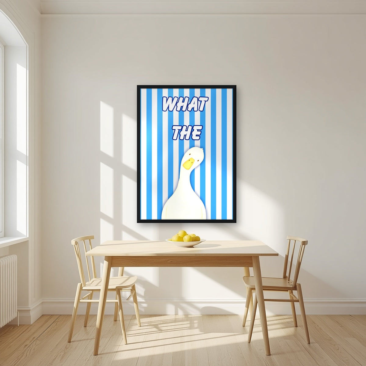 What The Duck – Deckchair Blue art print in a black frame, styled in a kitchen