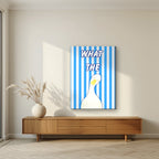 What The Duck – Deckchair Blue art print on slim canvas, styled in a living room