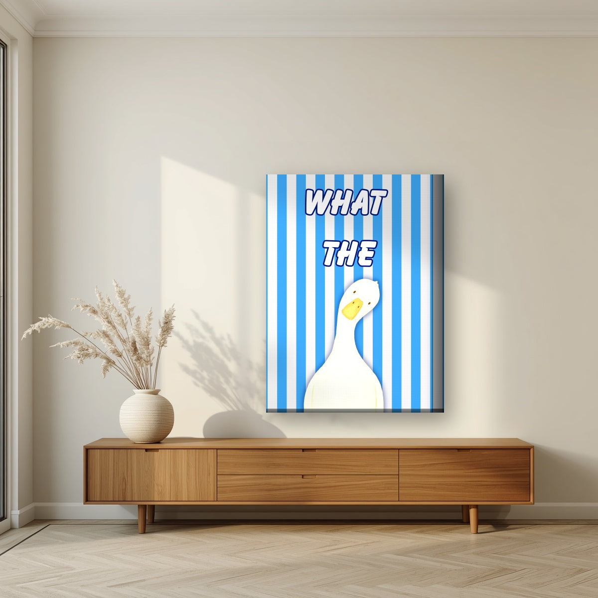 What The Duck – Deckchair Blue art print on thick canvas, styled in a living room