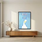 What The Duck – Deckchair Blue art print in a black frame, styled in a living room