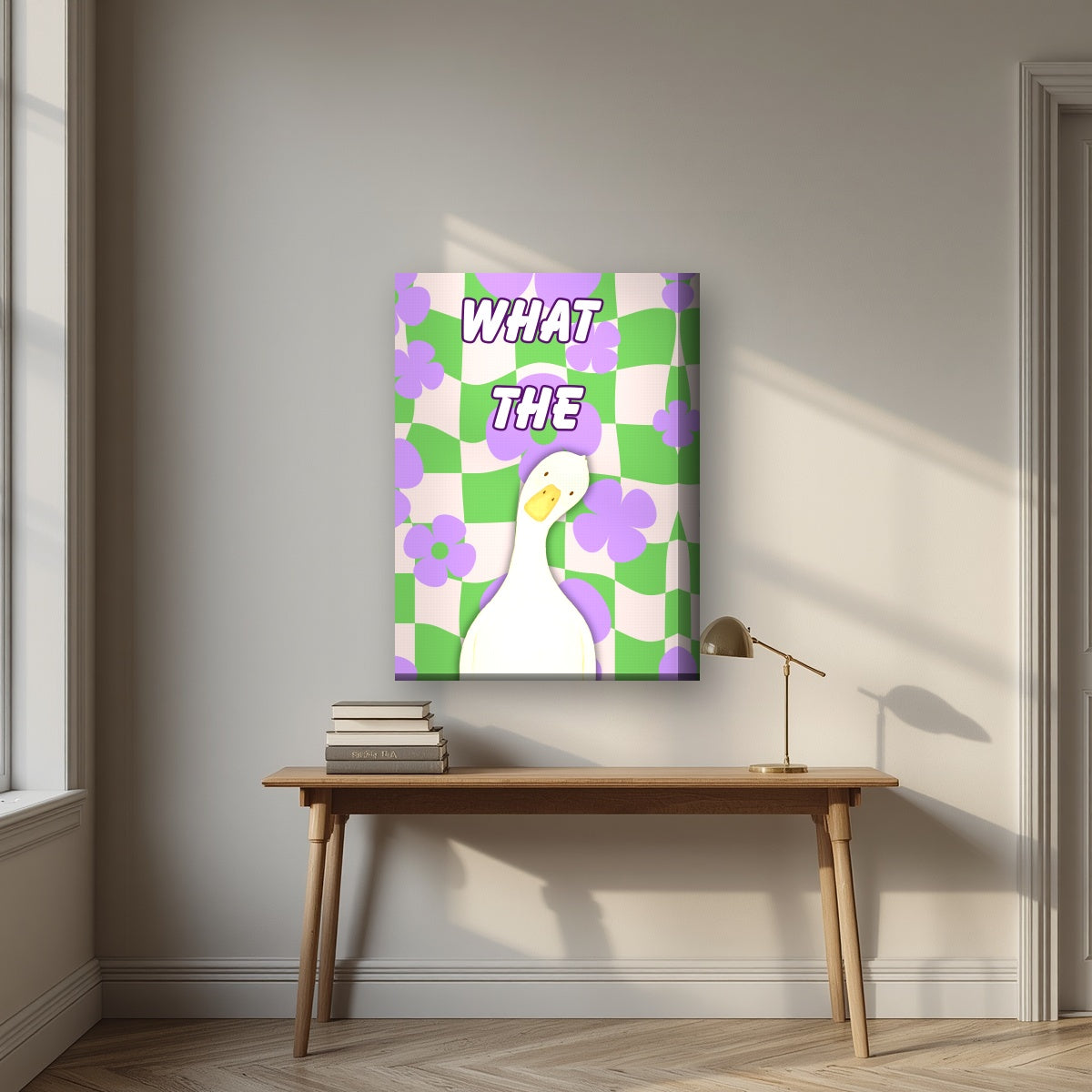 What The Duck – Meadow Check on thick canvas above a desk