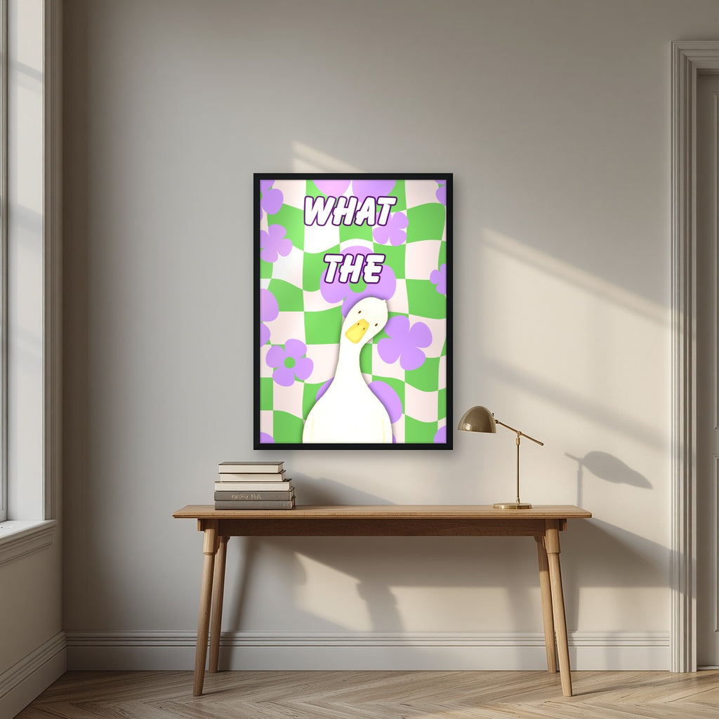 What The Duck – Meadow Check print in a black frame above a desk