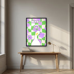What The Duck – Meadow Check print in a black frame above a desk