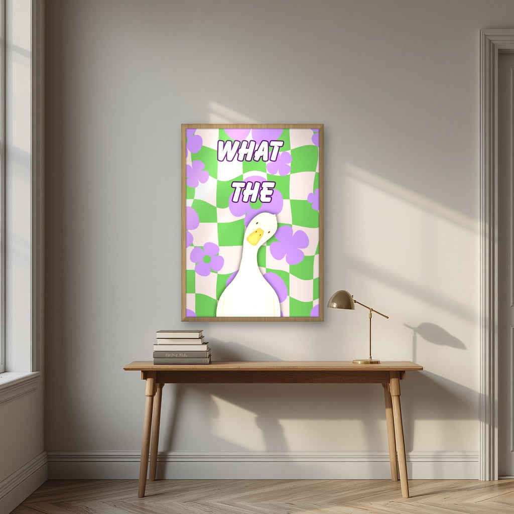What The Duck – Meadow Check print in an oak frame above a desk