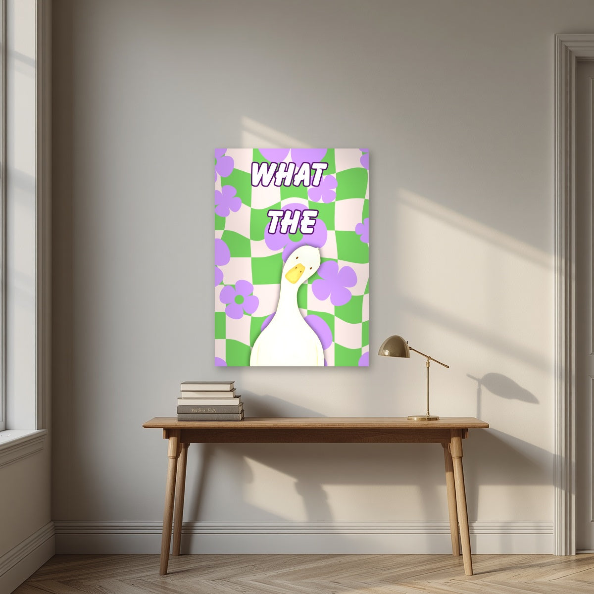 What The Duck – Meadow Check unframed poster above a desk