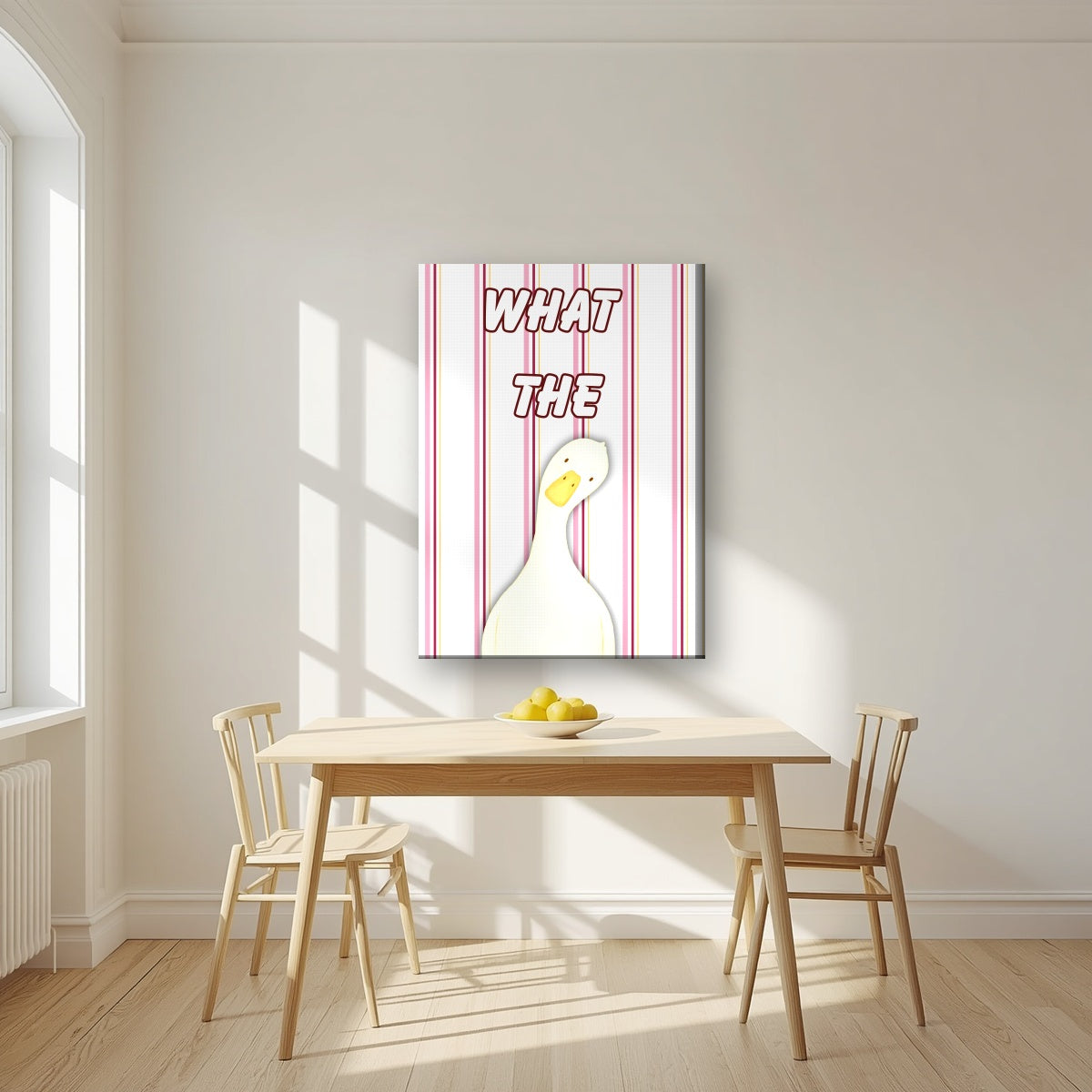 What The Duck – Rosewater Stripe art print on slim canvas, styled in a kitchen