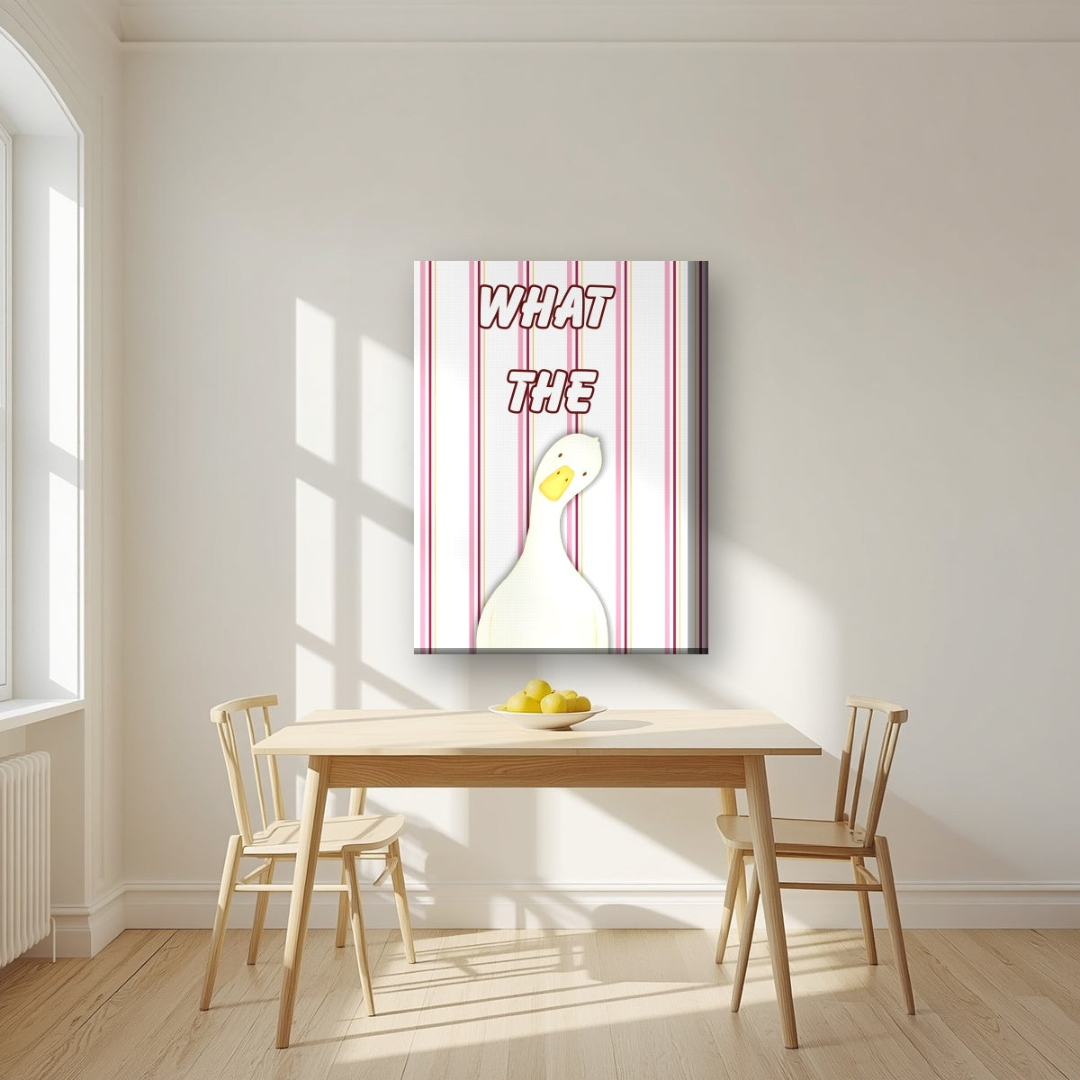 What The Duck – Rosewater Stripe art print on thick canvas, styled in a kitchen