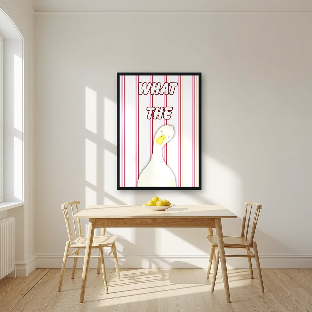 What The Duck – Rosewater Stripe art print in a black frame, styled in a kitchen