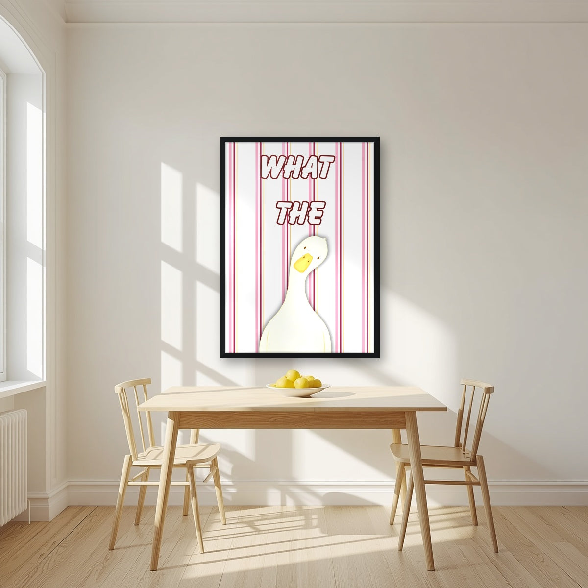 What The Duck – Rosewater Stripe art print in a black frame, styled in a kitchen
