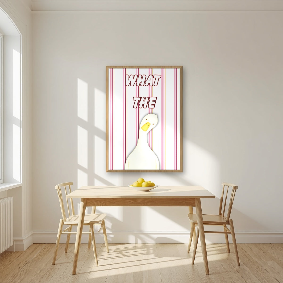 What The Duck – Rosewater Stripe art print in an oak frame, styled in a kitchen