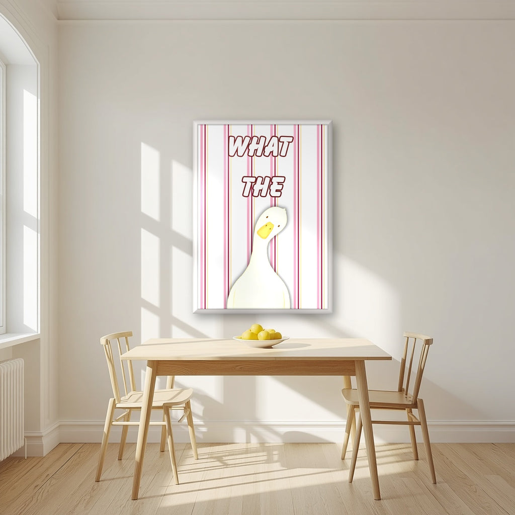 What The Duck – Rosewater Stripe art print in a white frame, styled in a kitchen