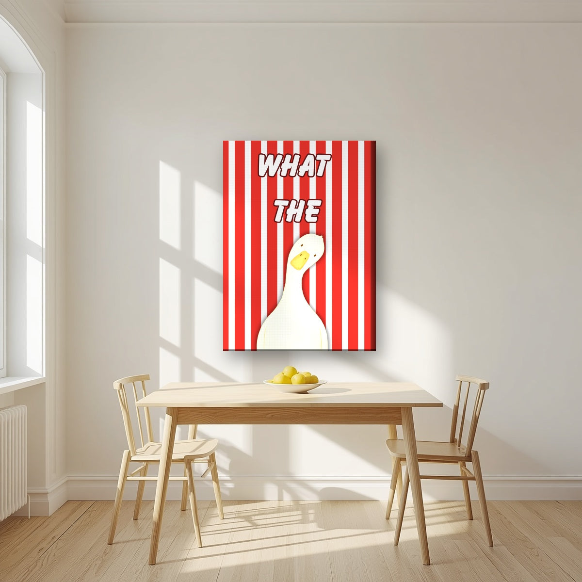 What The Duck – Seaside Stripe art print on slim canvas, styled in a kitchen