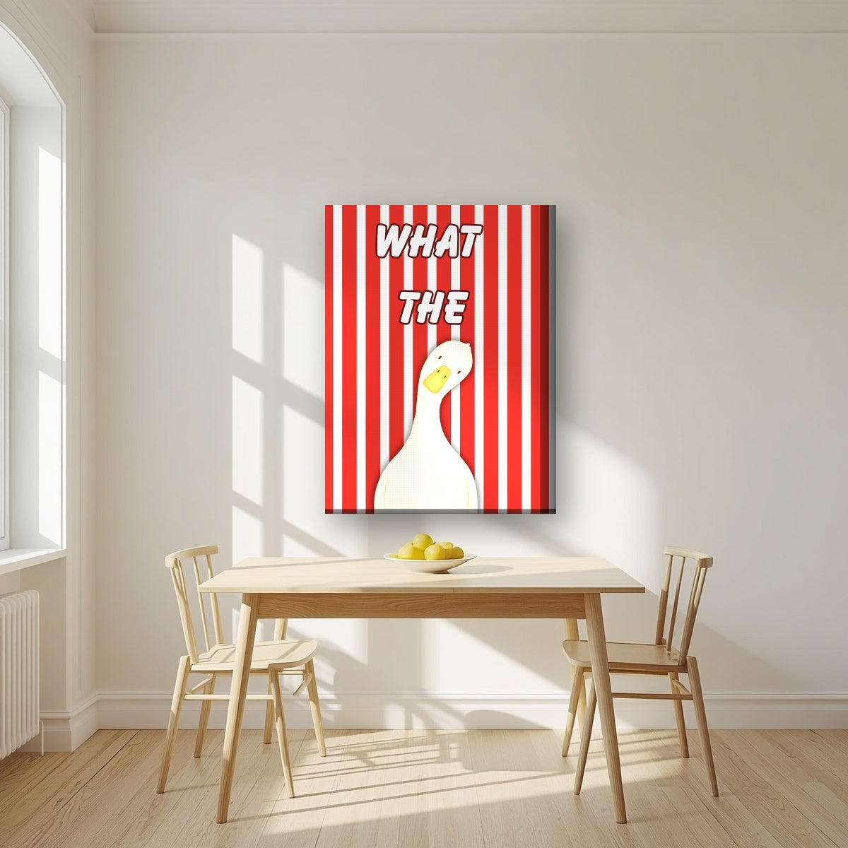 What The Duck – Seaside Stripe art print on thick canvas, styled in a kitchen