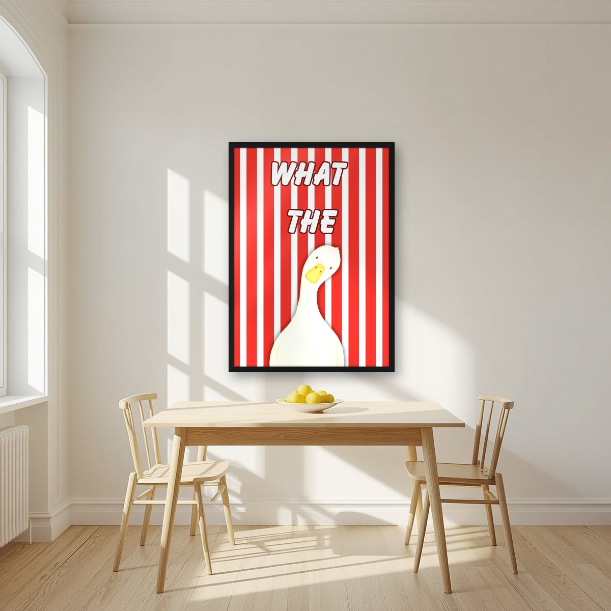 What The Duck – Seaside Stripe art print in a black frame, styled in a kitchen