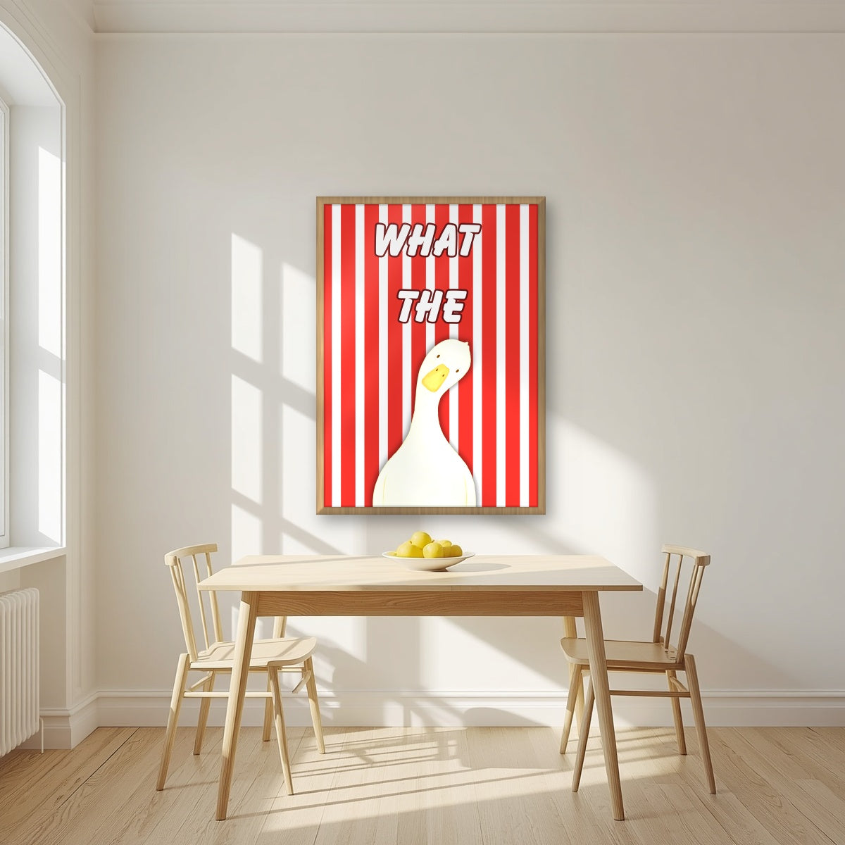 What The Duck – Seaside Stripe art print in an oak frame, styled in a kitchen