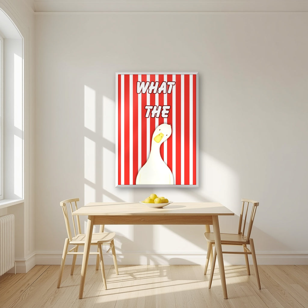 What The Duck – Seaside Stripe art print in a white frame, styled in a kitchen