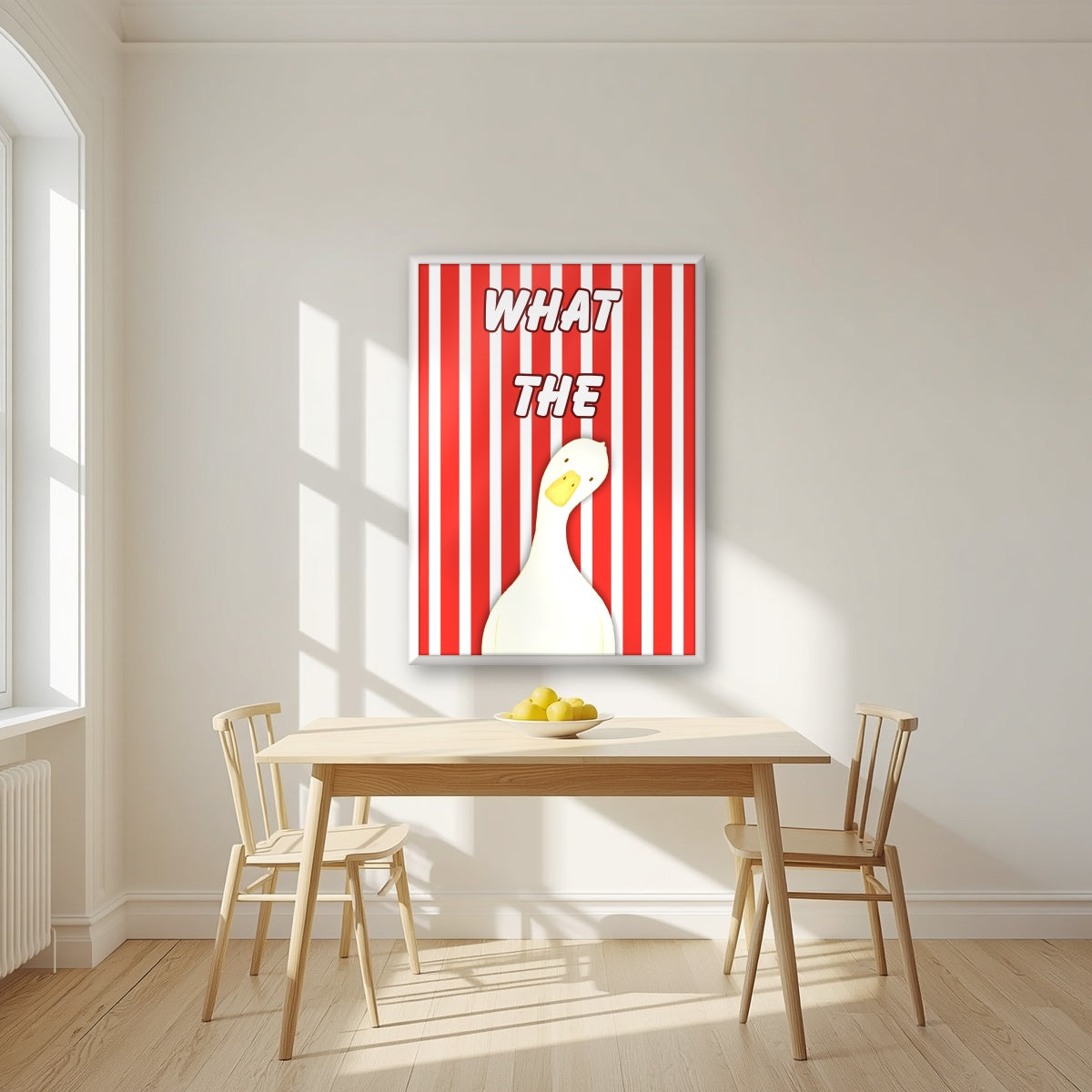 What The Duck – Seaside Stripe art print in a white frame, styled in a kitchen