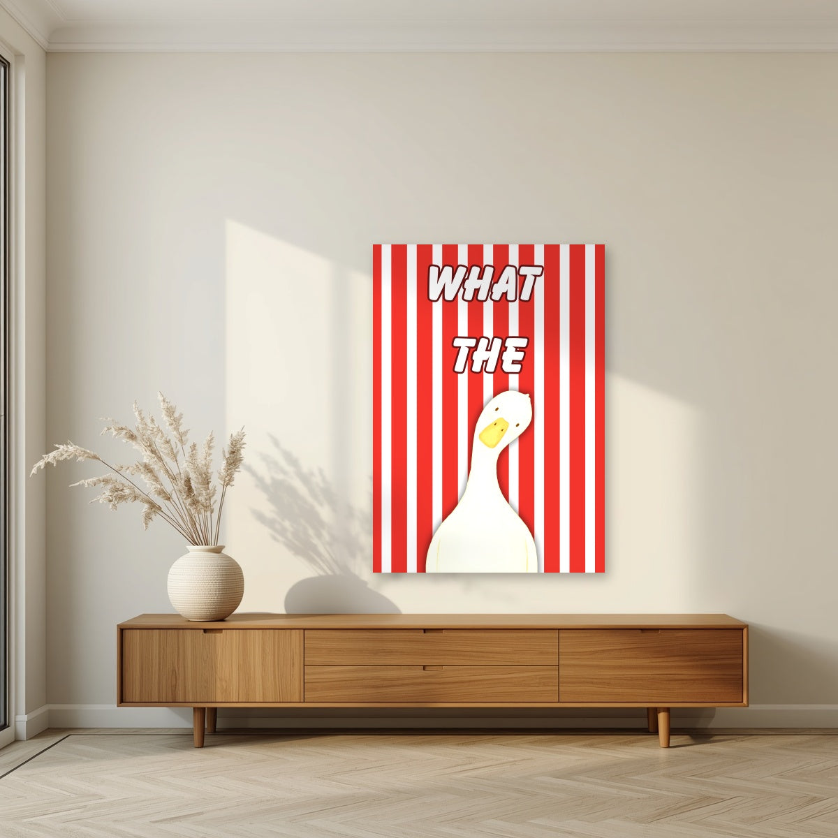 What The Duck – Seaside Stripe art print, unframed poster, styled in a living room