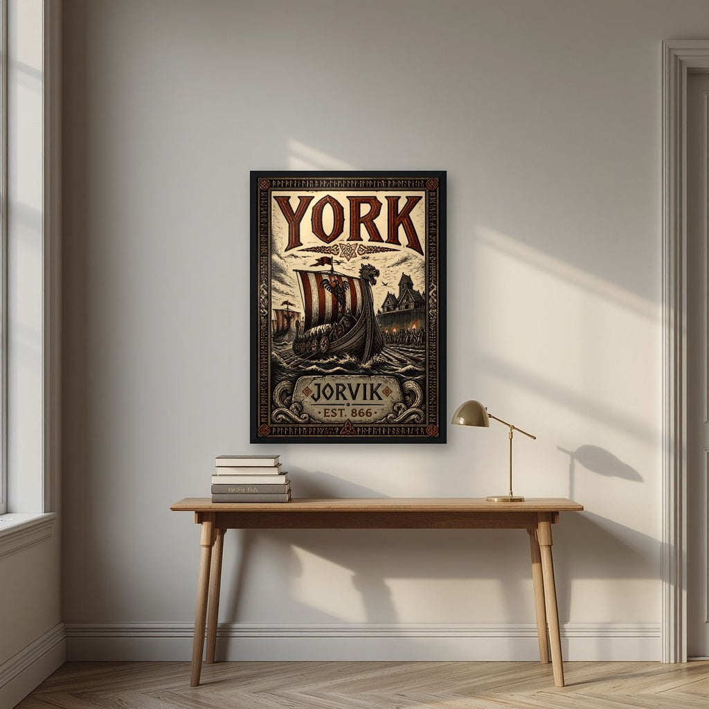 Jorvik — York art print, in a black frame, styled in a desk