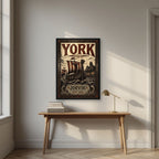 Jorvik — York art print, in a black frame, styled in a desk